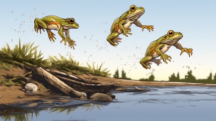 Poster - Group of frogs leaping in mid-air, suitable for nature and wildlife concepts
