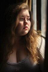 Poster - Woman with long hair looking out a window. Suitable for lifestyle and home decor themes