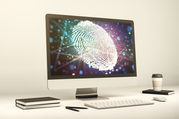 Aufkleber - Computer monitor with abstract creative fingerprint illustration, personal biometric data concept. 3D Rendering
