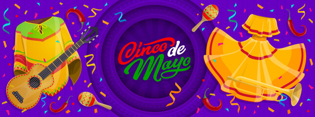 Wall Mural - Cinco de mayo paper cut banner with mexican national costumes, confetti and maracas, capturing the spirit of celebration and cultural pride. Vector background with poncho, guitar, and red chili pepper