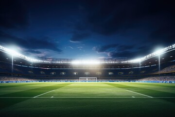 Canvas Print - A soccer field with a stadium in the background. Perfect for sports and outdoor events