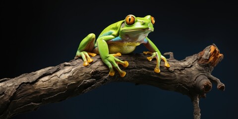 Poster - A frog perched on a tree branch. Suitable for nature and wildlife themes