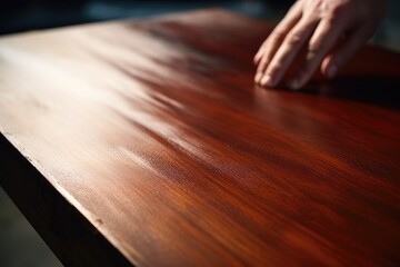 Aufkleber - A close up of a person's hand on a wooden table. Suitable for various concepts and themes