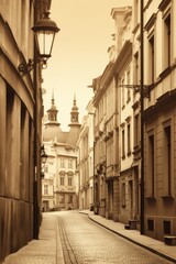 Poster - A street scene with a lamp post and a building in the background. Ideal for urban themes and city landscapes