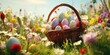 Basket of colorful Easter eggs in a field of blooming flowers. Perfect for Easter holiday decorations