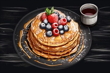 Canvas Print - Delicious plate of pancakes topped with syrup and fresh berries. Perfect for breakfast or brunch menus