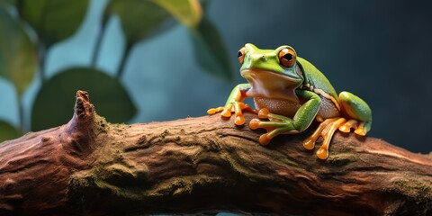 Poster - A frog perched on a tree branch. Ideal for nature and wildlife concepts