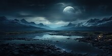 Moonlit Night Scene With Mountains And Lake Generative AI
