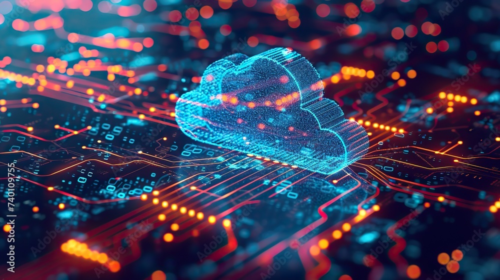 Digital representation of a cloud with circuit board lines symbolizing ...