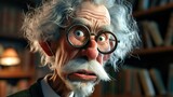 Fototapeta  - A high-resolution image of an eccentric animated senior man with large glasses, a shocked expression, and a whimsical mustache in a cozy library setting.