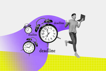 Poster - Poster artwork collage of smiling handsome guy holding netbook completing work tasks deadline concept