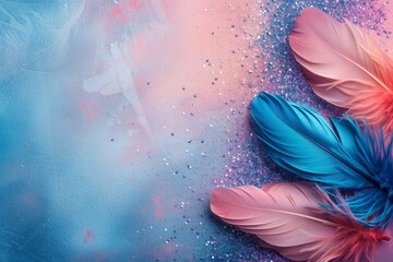 Aufkleber - three delicate feathers resting gracefully on a vibrant blue and pink background, creating a harmonious and artistic composition
