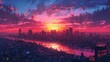 A digital illustration of a sprawling cityscape under a dramatic sunset, with the sun's dying light casting reflections across meandering waterways.