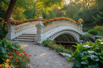 Aufkleber - In a tranquil park setting, a charming bridge is adorned with colorful flowers cascading over its railing, creating a picturesque scene of natural beauty and serenity