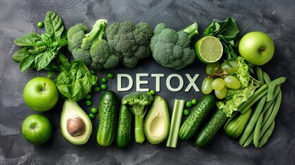 Poster - fruits and vegetables, artfully arranged to spell the word detox. Factual and straightforward, showcasing a collection of natural detoxifying foods