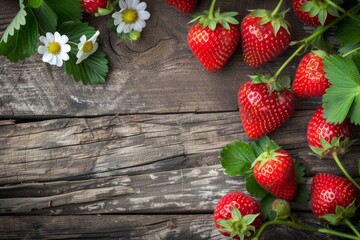 Poster - A collection of ripe strawberries arranged neatly on a wooden table, showcasing their vibrant red color and natural beauty