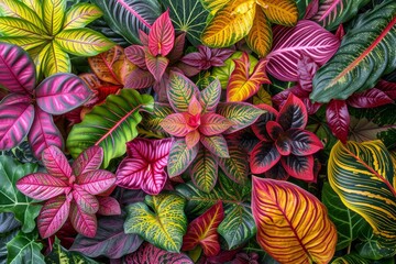 Poster - Vibrant tropical foliage showcasing various colorful leaves in close-up detail