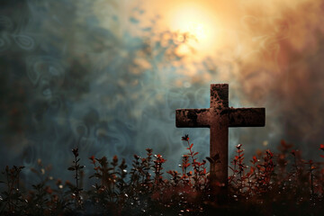Poster - Cross on a cemetery. A slide background for showcasing Christian Religion. Background image. Created with Generative AI technology
