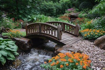 Poster - A quaint wooden bridge spans a small bubbling stream, surrounded by lush foliage and vibrant orange flowers in a peaceful garden setting.
