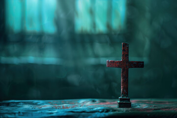 Poster - Cross in the dark. A slide background for showcasing Christian Religion. Background image. Created with Generative AI technology