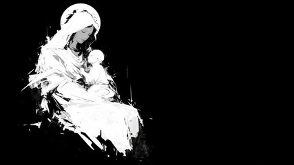 Wall Mural - virgin mary and baby jesus, white ink art