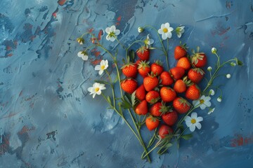 Wall Mural - A lovely bouquet consisting of fresh strawberries and daisies beautifully arranged on a vibrant blue background