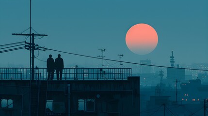 People on Rooftop Watching City Sunset