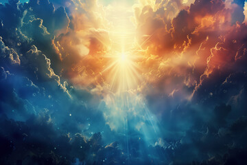 Poster - Holy Spirit. God rays. A slide background for showcasing Christian Religion. Background image. Created with Generative AI technology