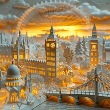 Paper Art Rendition Of London's Big Ben And Skyline In Gold, With A Sunset And Ferris Wheel In The Background.