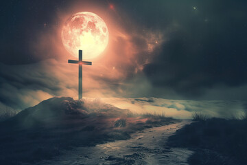 Poster - Cross on the hill by moon light. A slide background for showcasing Christian Religion. Background image. Created with Generative AI technology