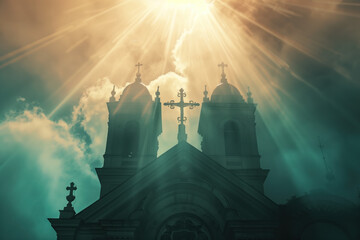 Poster - Silhouette of a catholic church. A slide background for showcasing Christian Religion. Background image. Created with Generative AI technology