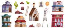 Wester City Buildings, Wooden Houses, Church And Bank, Post And Saloon. Vector Cartoon Isolated Icons Of Elements For Street Decor. Rocks And Cactus, Sheriff Badge And Wanted Picture Of Criminal