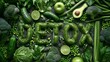 green vegetables and fruits arranged in the shape of the word Detox. The image showcases a healthy and vibrant composition promoting 1detoxification