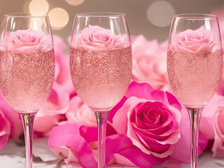 Close-up of pink rose champagne glasses with bokeh lights in the background.