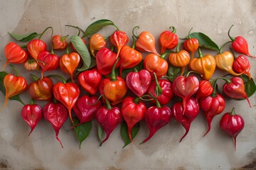 Sticker - red and yellow peppers with lush green leaves. The peppers stand out against the backdrop, creating a striking visual