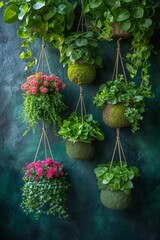 Aufkleber - A stunning display of a variety of lush Kokedama plants hanging gracefully from a wall, creating a verdant and enchanting atmosphere