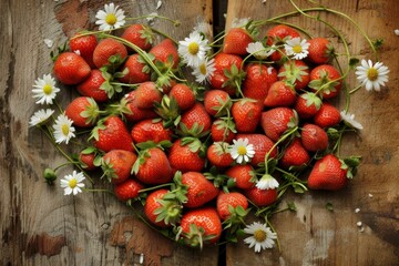 Poster - Heart-Shaped Arrangement of Fresh Strawberries and Daisies on Wooden Background
