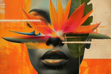 Poster -  Bird of Paradise flower overlaying a stylized face, set against an orange backdrop