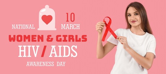 Canvas Print - Awareness banner for National Women and Girls HIV AIDS Awareness Day with woman holding red ribbon