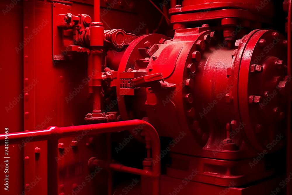 Power Red Meachine red machine engine It emphasizes the complex network of gears, cogs ...