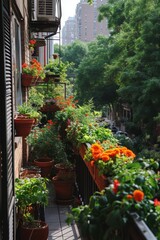 Poster - A vibrant and lush balcony overflowing with an array of potted plants, creating a serene and green sanctuary in the heart of the city