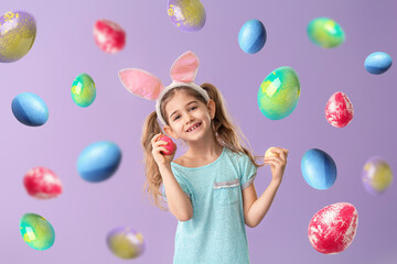 Sticker - Little girl with Easter eggs and bunny ears on color background