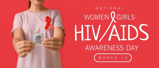 Wall Mural - Awareness banner for National Women and Girls HIV AIDS Awareness Day with woman holding condom