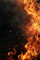 Poster -  intense flames of a fire against a dark black background. The flickering flames dance and create mesmerizing patterns, showcasing their vibrant energy
