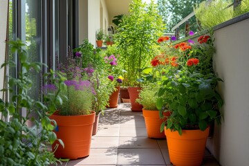 Poster - A row of lush potted plants sits on a balcony, creating a vibrant oasis in an urban setting. The plants are varied in size and type, adding a touch of nature to the concrete jungle