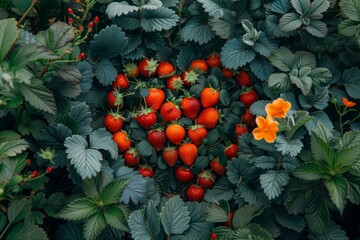 Poster - Heart cluster of strawberries sprouting on lush green leaves. The strawberries are ripe and juicy, signaling the peak of their growth