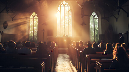 Wall Mural - Christians praying in the church in front of the cross on easter day, easter church service, easter day prayer while sunrays are coming for
