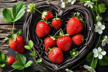 Fototapete - heart-shaped arrangement of ripe and juicy strawberries, neatly arranged in a basket