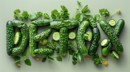 Poster - Detox word from a group of cucumbers lying on a table in a natural formation