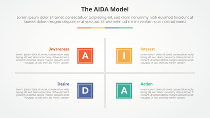 AIDA marketing model infographic concept for slide presentation with square base and cross line center with 4 point list with flat style